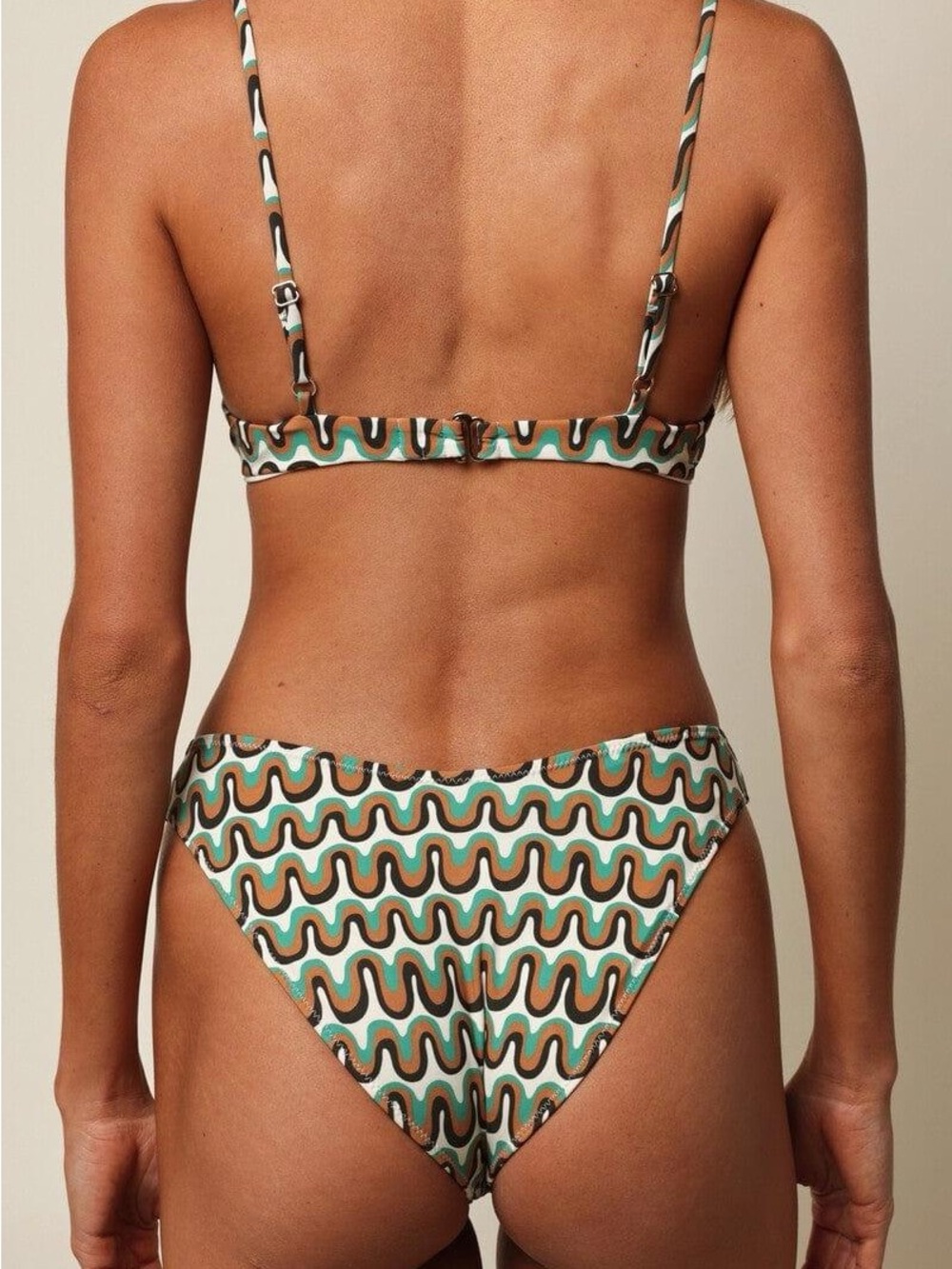 Full set Montce Groovy Retro Wave Print Bikini Set in Turquoise, Brown & Cream - Picture 13 of 14